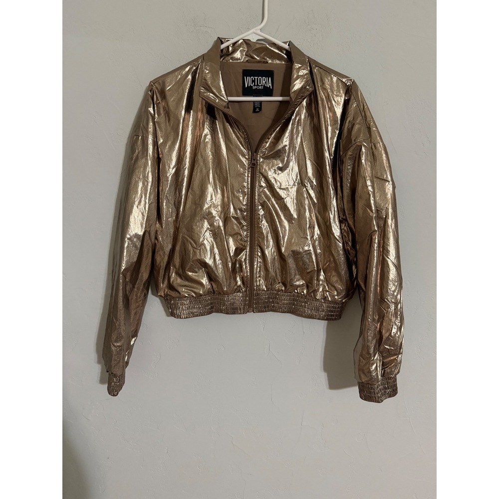 Victoria Sport Womens Metallic Rose Gold Windbreaker Jacket Bomber Small S